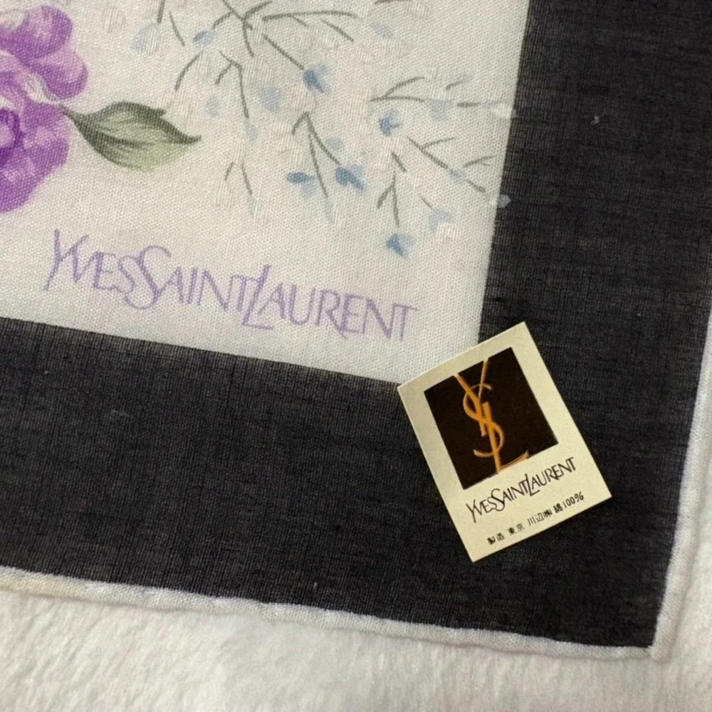Vtg YVES SAINT LAURENT Scarf Handkerchief Floral Cotton Purple 18